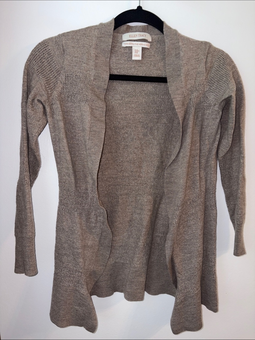 Ellen Tracy Taupe 100% Extra Fine Merino Wool Open Front Cardigan - M